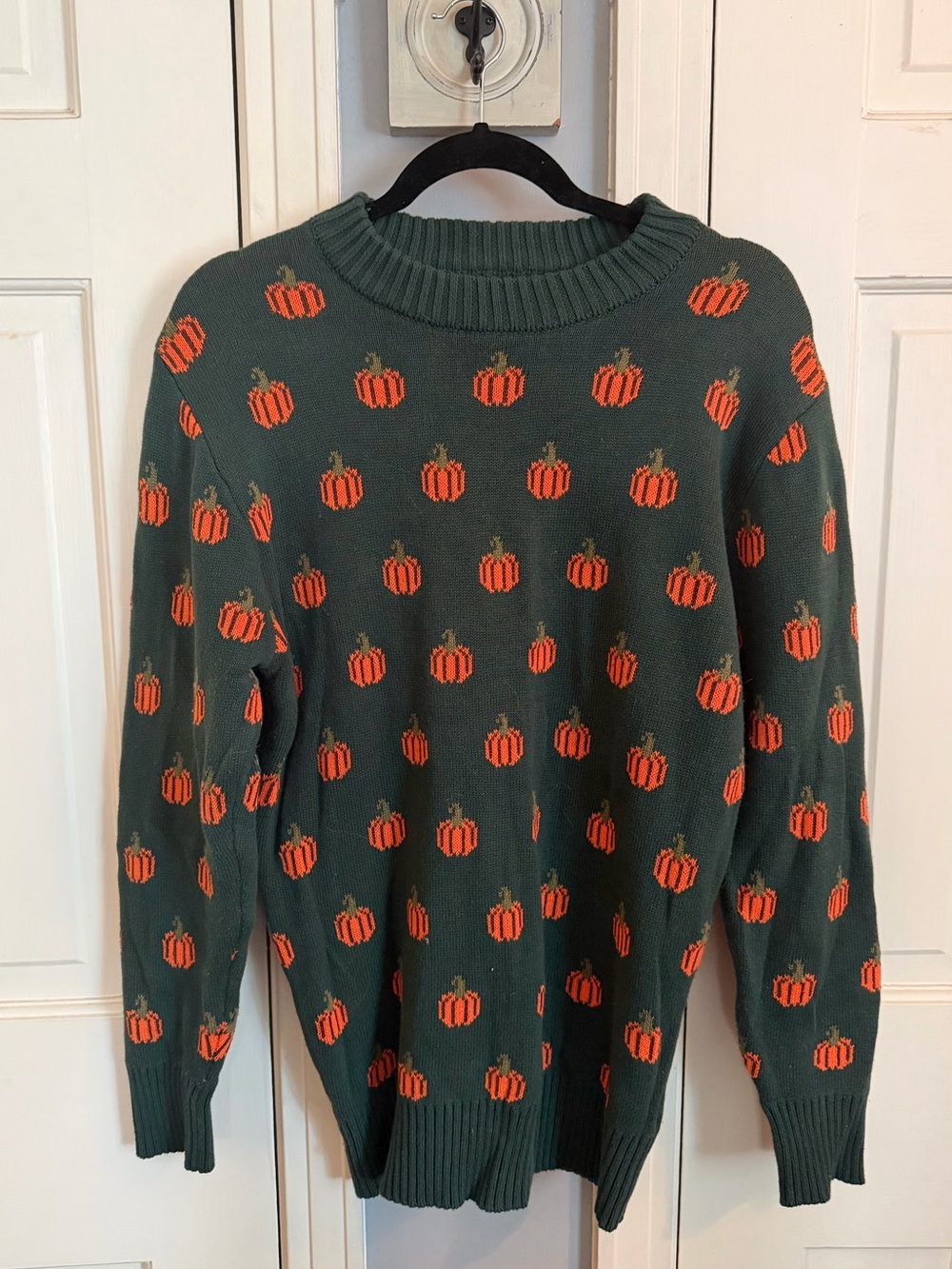 Kiel James Patrick Green Crewneck Sweater with Orange Pumpkin Motif